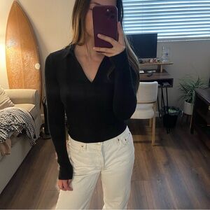 Women's Black Ribbed Collard Long Sleeve Bodysuit
